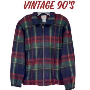 Vintage Teddi Coat Fleece 80s 90s Tartan Glen Plaid Blue Burgundy Size Medium